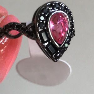 Goth Black and Pink Crystals Ring Sz6